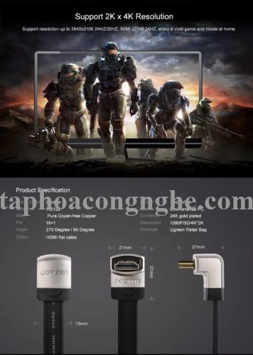 Ugreen 10284 3M màu Đen Cáp tín hiệu HDMI chuẩn 1.4 đầu góc 90 độ HD122 30010284